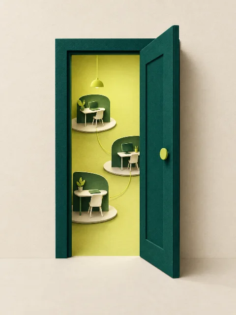 Une porte ouverte sur un espace lumineux, illustration d’accueil.